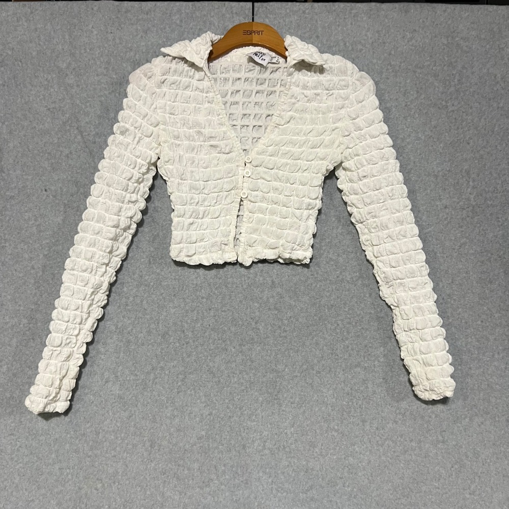 Princess Polly White Popcorn Textured Cropped Cardigan Collared Long Sleeve US 0